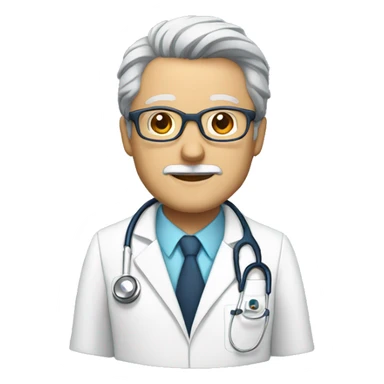 doctor with glasses, gray hair and beard with white coat and stethoscope sticker
