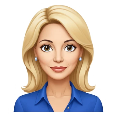 Linette Torres, 50-something Puerto Rican actress with fair complexion, beautiful mature facial features, bright expressive eyes, defined cheekbones with slight age lines, full lips with warm smile, blonde hair with sophisticated styling, wearing a stylish blue blouse sticker