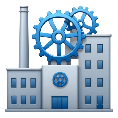 "A minimalist vector icon of a modern manufacturing factory building with a gear symbol above it. Blue and grey color scheme, flat design, white background, simple thick lines, professional business logo style." sticker