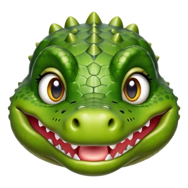 Cinematic Realistic Cute Crocodile Portrait Emoji, Head tilted playfully and inquisitively, featuring a robust, well-defined build with intricately detailed, glossy olive-green scales and a surprisingly endearing face with round, sparkling eyes full of unexpected charm, rendered with lifelike texture and natural highlights, high shine, affectionate and spirited, styled with a touch of wild whimsy, soft glowing outline, capturing the essence of a mischievous yet lovable crocodile that seems poised to snap playfully out of the screen into your arms! sticker