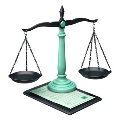 Responsabilité Administrative (Administrative Responsibility), 3D techy icon with black and mint green (#B5F4D3) color scheme, scales of justice with official documents sticker