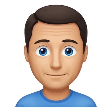 Middle aged man with tanned skin, receding dark hair and no beard, blue eyes, shy smile sticker