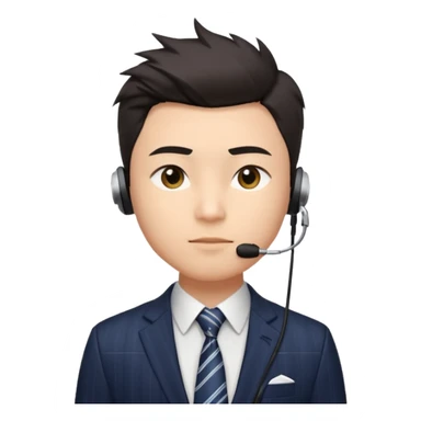 A young Asian man with light skin, short dark hair styled upward with a sharp spiked swoop in front, slightly narrowed almond-shaped eyes with a confident, knowing squint, a clean-shaven face, and a sleek single-ear headset, wearing a dark pinstripe suit with a patterned shirt tie sticker