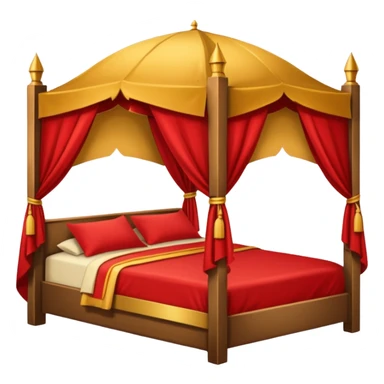 bed with red and gold sheets, wooden, canopy, simple, castle like sticker