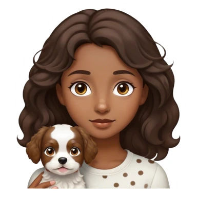 iPhone style emoji of a girl with wavy dark brown hair and eyes with a small white dog with light brown ears and spots sticker