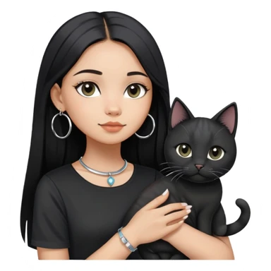 A girl with long straight black hair has upward-slanting eyeliner. She is wearing large silver hoop earrings, a black short-sleeved shirt, and a bracelet on her left hand. She is holding a cat with a black face  sticker