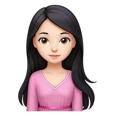 Beautiful girl with very long straight flowing black hair with small waves only at the ends, brown eyes, light skin, slight smile, pink ribbon in hair, and pink dress sticker