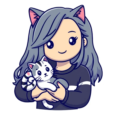 girl with long hair holding a cat with silver stripes sticker