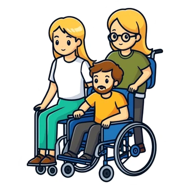 Brown haired man with a beard in a wheel chair with long blonde haired mom pushing sticker