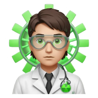 nuclear scientist portrait, head and shoulders only, wearing lab coat collar, protective goggles, glowing green radiation symbol badge, serious expression, sci-fi laboratory vibe, 3D cartoon, mobile game icon style, clean background, no text, no watermark
 sticker