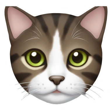 Dark brown tabby cat with brown-green eyes and white neck sticker