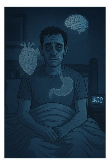 a man sits awake in bed in the middle of the night, dark circles under his eyes and a tired, anxious expression. The room is dimly lit by the blue glow of a phone or digital clock showing 3:00 AM. Around him, faint ghostly overlays of anatomical drawings highlight affected organs—heart, brain, and stomach—symbolizing the physical harm caused by disrupted sleep. sticker