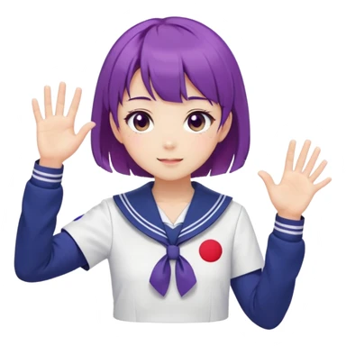 Anime girl with short bright purple hair wearing Japanese sailor style school uniform, composed posture with hand on hip but shyly waving with other hand, blushing face and timid smile sticker