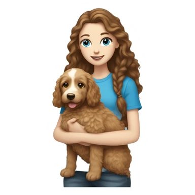 white girl with long brown hair and blue eyes holding a golden doodle puppy  sticker