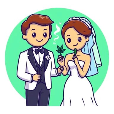 Bride in white dress and groom in tuxedo sharing a cannabis joint, cheerful cartoon wedding couple with festive colorful background sticker