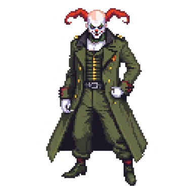 evil clown soldier, bald, small black satan horns on forehead, fangs, pointed ears, eye patch over one eye, long coat over black and military green clothes with bellbottom pants, realistically proportioned, less bulky, full body, fighting stance sticker