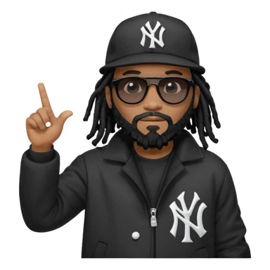 African American man with shoulder length black dreadlocks with black beard wearing black sunglasses wearing a black New York Yankees logo baseball cap wearing a black bubble winter coat pointing to sky sticker