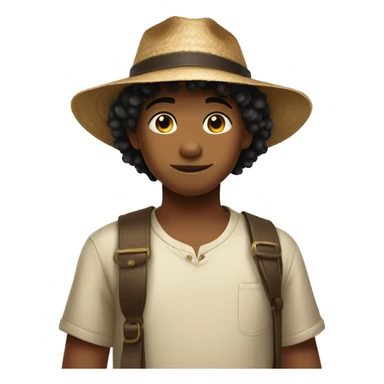 Young boy with a scar on his left cheek, black hair, and a straw hat sticker