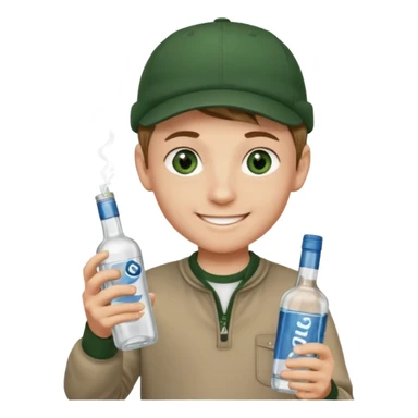 garçon avec yeux vert foncé qui a une puff 16k jnr à l’un main et une bouteille de vodka à la main avec une coupe casquette et les cheveux chatin clair  sticker