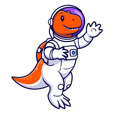 cartoon sticker of a t-rex astronaut waving, stars in background sticker