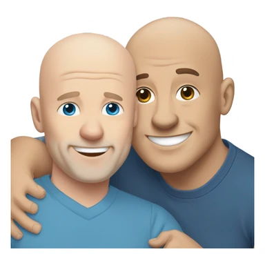 bald white mature man no beard blue eyes and blue  tshirt Hugging large gray male smiling pit bull sticker