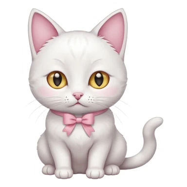white cat sitting and she has a pink small bow on her right ear,she has golden eyes,she's fully white,even her ears,the only color is the pink small bow on her right ear,the cat is small sticker