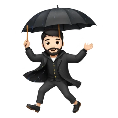 A dark-haired boy with a white beard dancing with an umbrella in the rain sticker