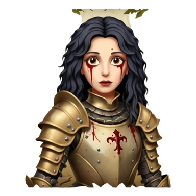 realistic cinematic actress Cher in baroque styling like Joan of Orleans dirty bloody damaged armor in a forest sticker