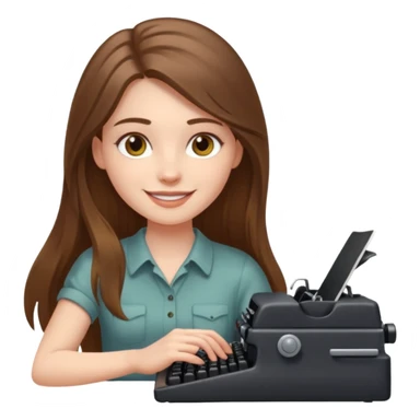 smiling white long brunette hair girl with hazel eyes laying typing on a typewriter sticker