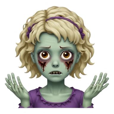 Cabelo ondulado  um pouco cheio e franja curta  Olhos marrons e pequenos e feita d ezumbi mais bonita com cabelo amarro na e com as mãos assim tipo assim🧟‍♀️ sticker