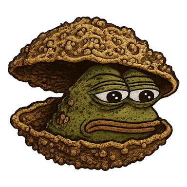 Add more crust details to the crusty clam in the style of green bufo frog meme, keep the bufo frog meme style, no background. sticker