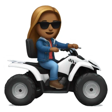 quad bike white with developer with blue jeans, bred jacket and sunglasses riding, with brown and long hair sticker