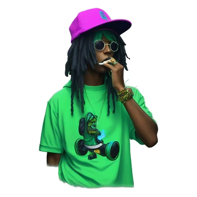 Multicoloured neon black and green graffiti person smoking wearing hoodie dancing hip hop bucket hat tropical Skater fashion aesthetic baggy clothes graphic t shirt 420 sticker