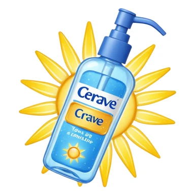 White CeraVe bottle with blue label and yellow “AM” badge, topped with a pump. Surrounded by protecting radiant sun sparkles, soft UV-deflecting light rings, and a blue protective glow. Feels like a daytime skin shield potion in a sleek, glossy bottle. sticker