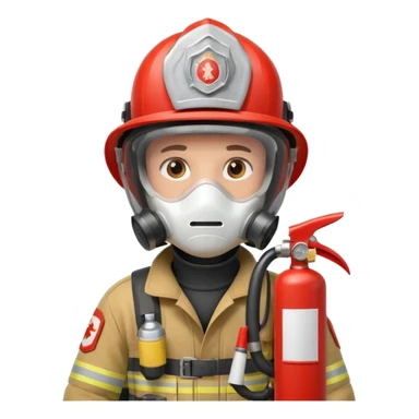 Firefighter with white respiratory protection white color helmet with fire extinguisher sticker