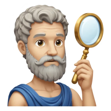 Dios griego con barba estilo estatua de color gris, de perfil mirando con una lupa de sticker