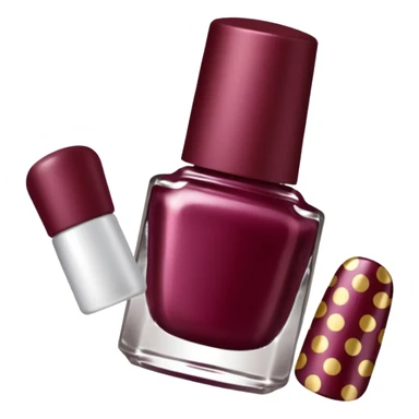 burgundy nail polish bottle, nail polish has light gold iridescence, cap is black with white polka dots, cinematic emoji sticker