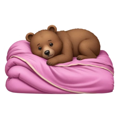 A brown bear lying on its side in a pink bed, curled up under the covers, trying to get comfortable. sticker