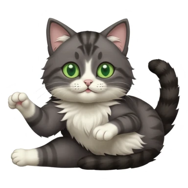 dark grey cat with green eyes, white toes/paws and white patch on her chest playfully rolling upside down sticker