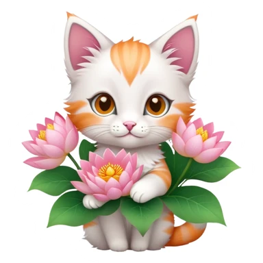 Kitten holding a bouquet of lotus flowers sticker