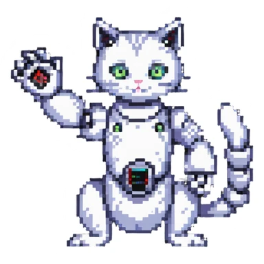 pixel art cat with a robotic arm, retro gaming vibe sticker