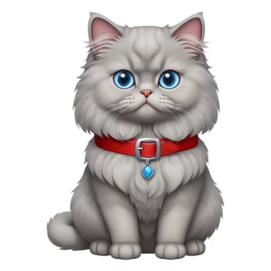gray Persian cat full body sitting with blue eyes and red belt sticker