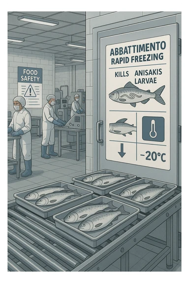 a fish processing facility where freshly caught fish are placed on trays and moved into a large industrial freezer. A temperature gauge shows -20°C, and an educational label explains that rapid freezing (abbattimento) is used to kill Anisakis larvae. The background includes workers in protective clothing and clear signage about food safety. sticker