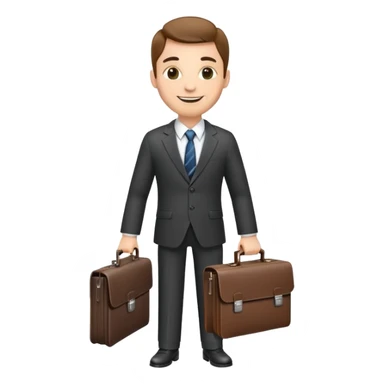 classic salesman with a suit and tie, smiling, holding a briefcase sticker