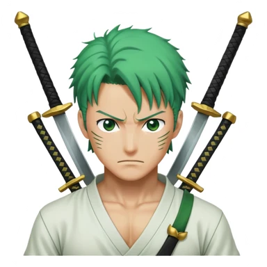Roronoa Zoro with green hair, three swords, white shirt, green haramaki sticker