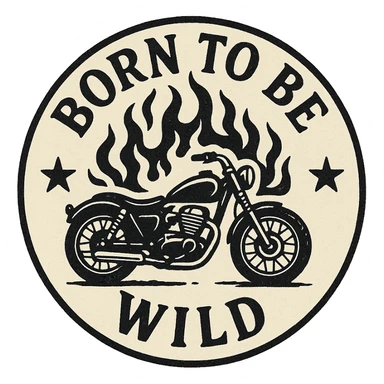 circular motorcycle cap design with transparent background, text 'Born to be wild', motif: motorcycle, flame, star, classic style sticker