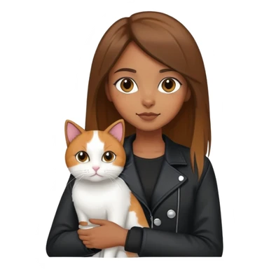 Brown straight-haired girl wearing black jacket with white cat and calico cat sticker