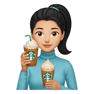  tan skin woman with long face, and very short black hair slicked back ponytail with forehead showing, wearing solid light blue turtleneck shirt, drinking starbucks caramel frappuccino, smiling with middle parted hair sticker