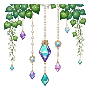 Exotic romantic Few cute tiny Iridescent glistening glossy sparkly shiny glittery hanging crystals pearls and beads and gemstones scenery scenic decorations with ivy and flowers sticker