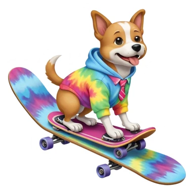 A dog on a skateboard wearing a tie dye hoodie on a rollercoaster sticker